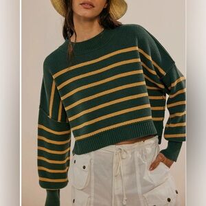 Free People Easy Street Stripe Crop Pullover, Hunter Green Combo Sz Medium